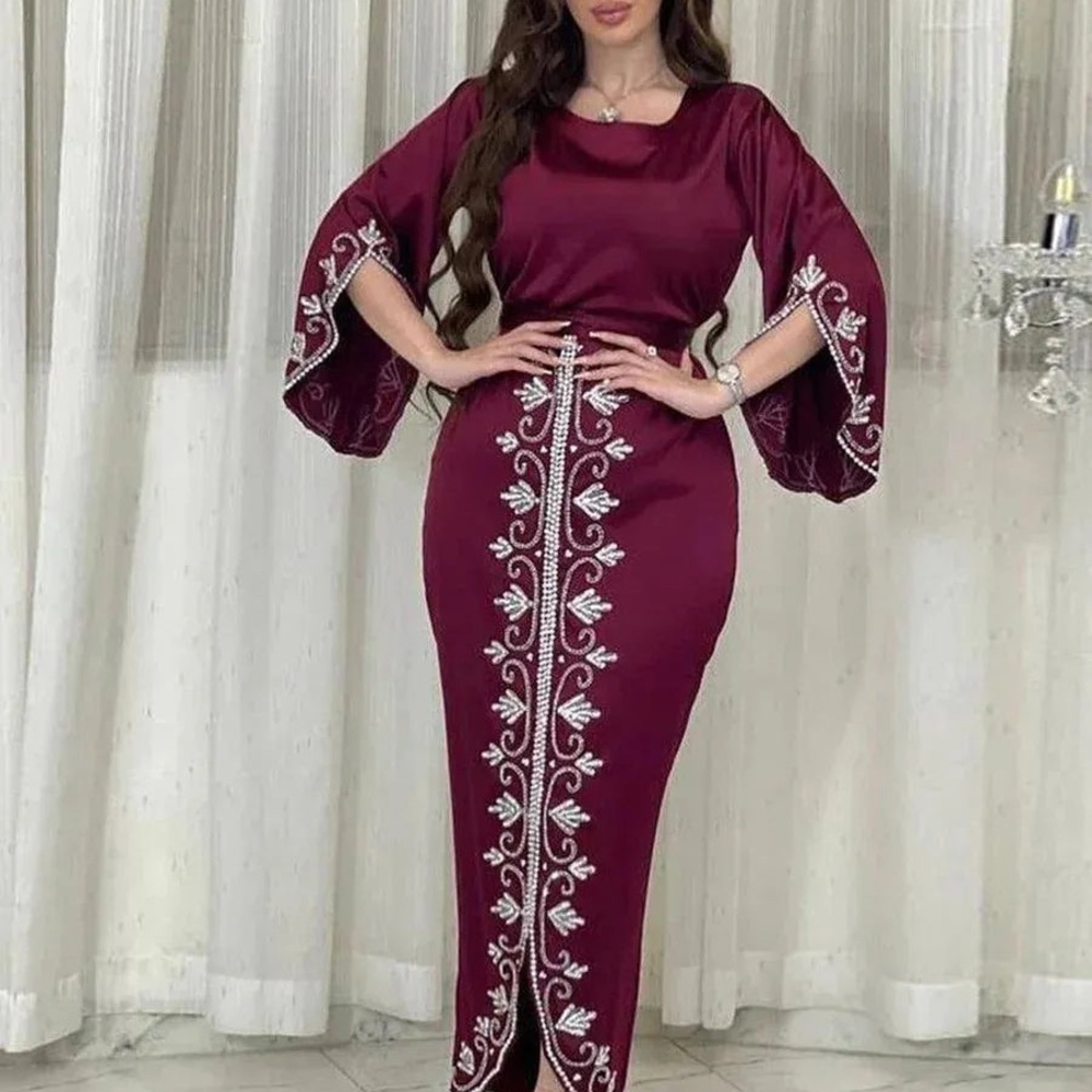 Elegant Burgundy Dress with Silver Embroidery Moroccan kaftan